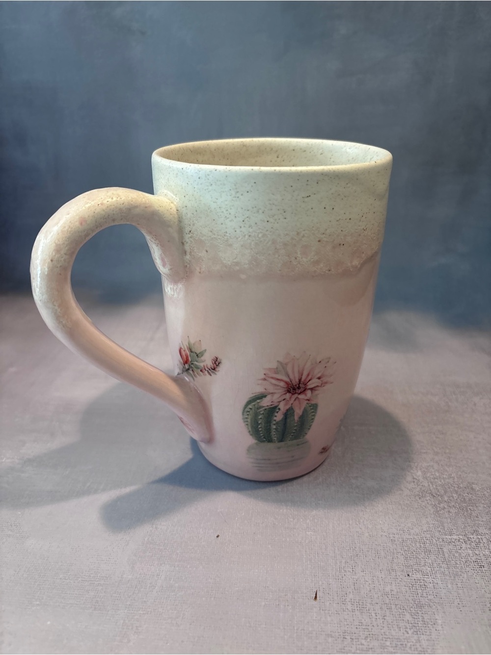 Handmade Ceramic Cactus Mug in Pale Pink and Cream